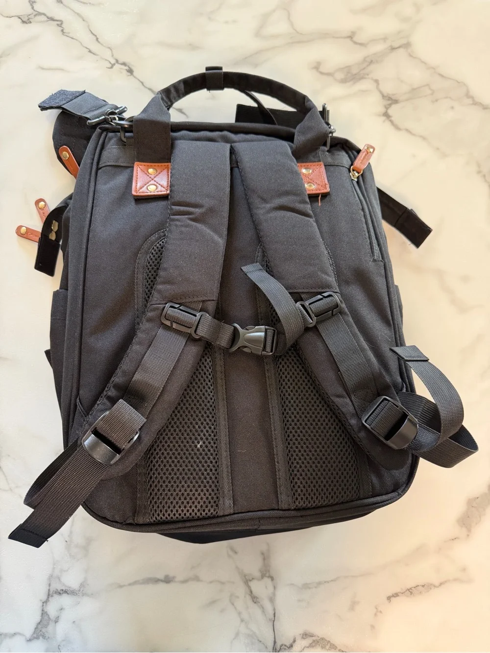 Black Quilted Diaper Bag with Leather Accents